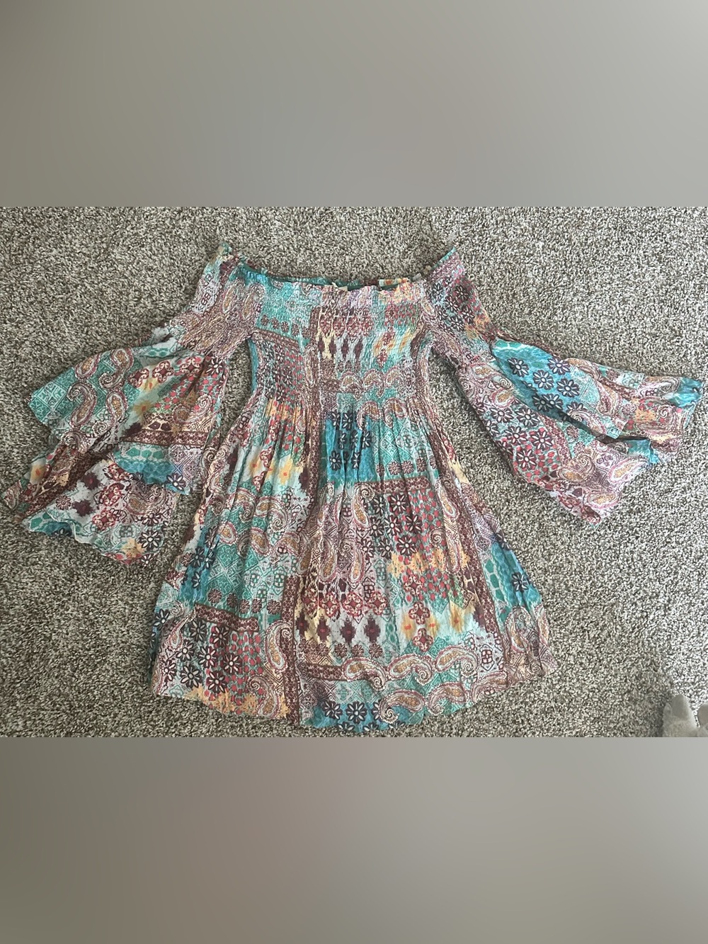 ILLA ILLA Teal & Rust Patchwork Off-Shoulder Dress